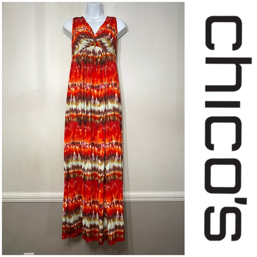 Chico’s Dress‎ Maxi Empire Multicolor Tie Dye Flame Southwest Art XL 16 18 (3)